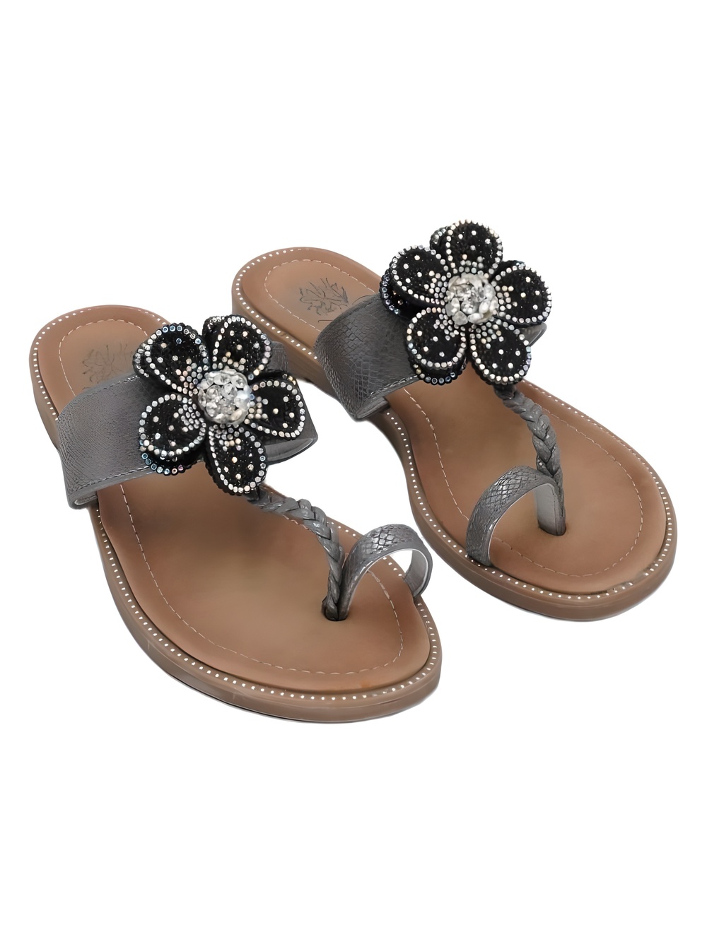 GC Shoes Blossom Flower Pewter Beaded Thong Slide Sandals Size 6M